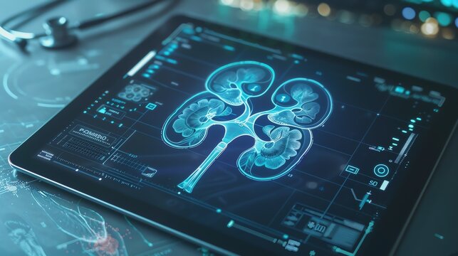 Digital kidney scan on modern tablet device.
