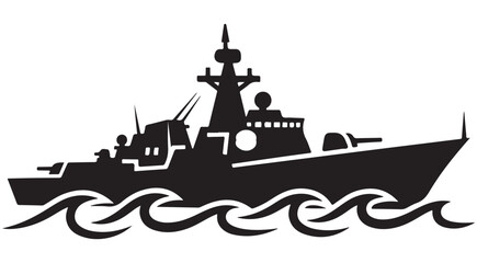 Military warship silhouette with waves vector icon for naval defense and maritime security © Kue