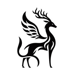 Fototapeta premium A striking black silhouette of a mythical winged deer with ornate antlers and flowing tail, presented against a white background.