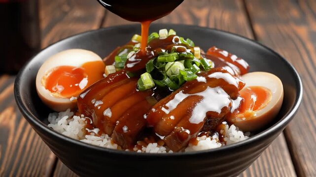 Slow-braised pork belly slices served over white rice with soft-boiled eggs and chopped green onions, being glazed with a thick dark sauce in a black bowl on a rustic wood surface.