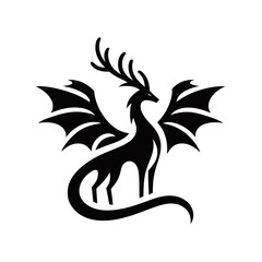 Fototapeta premium A striking black silhouette of a mythical creature, a dragon with antlers and bat-like wings, standing elegantly.