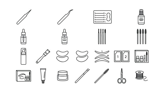Eyelash extension tools, a comprehensive vector icon set for beauty salons and cosmetic services. Professional lash lift and tint supplies, essential beauty treatment equipment.