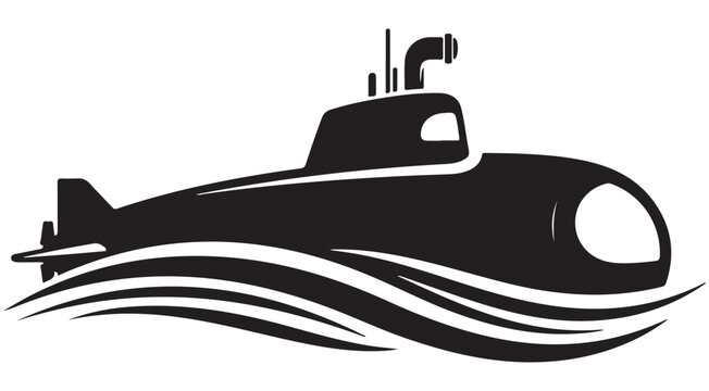 Submarine silhouette vector icon with periscope and stylized ocean waves for nautical logo and maritime exploration