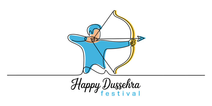 Continuous one line drawing Lord rama holding bow and arrow for happy dussehra festival illustration