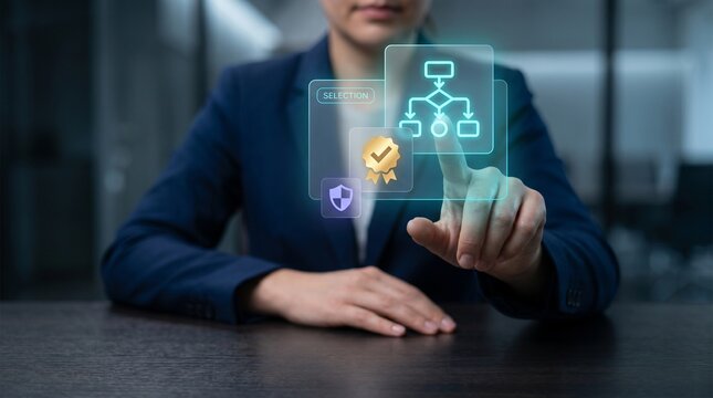 Businesswoman Touches Glowing Team Selection Interface at Office Desk to Display Organization Chart, Confirm Quality Badge, Verify Candidate Profiles, Secure Talent Data, and Structure Hiring Teams