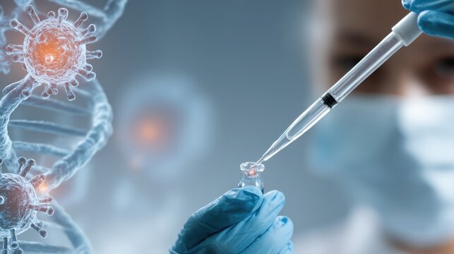 Close-up of a laboratory pipette dripping liquid into a glass test tube. Scientific research, pharmaceutical development, or clinical diagnostic concept with blurred bokeh background.