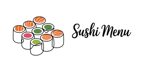 Continuous one line drawing Fresh sushi rolls menu illustration with colorful maki and sashimi © Chtro