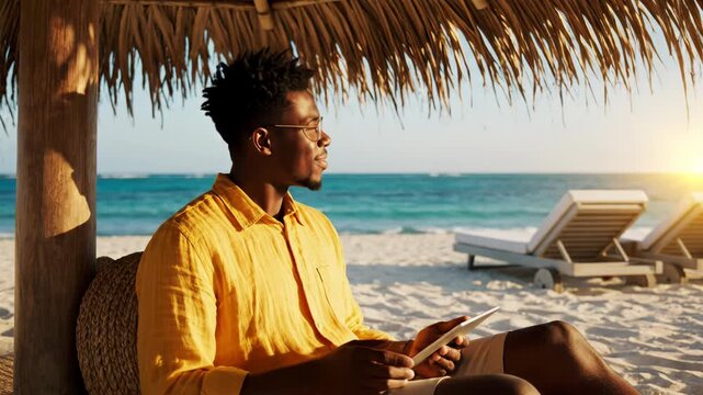 Young African American man in yellow shirt and glasses using tablet under thatched umbrella at sunset beach with turquoise ocean and lounge chairs in the background.