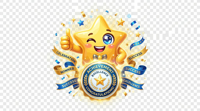 A smiling star character with a badge and ribbons celebrates with confetti