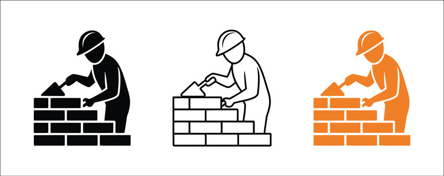 Bricklayer icons, construction worker building wall symbols in black line art and orange style, masonry profession illustrations, architecture and construction industry design elements.