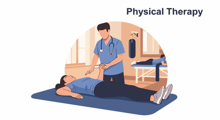 Obraz premium A physical therapist guides a patient through leg exercises on a mat