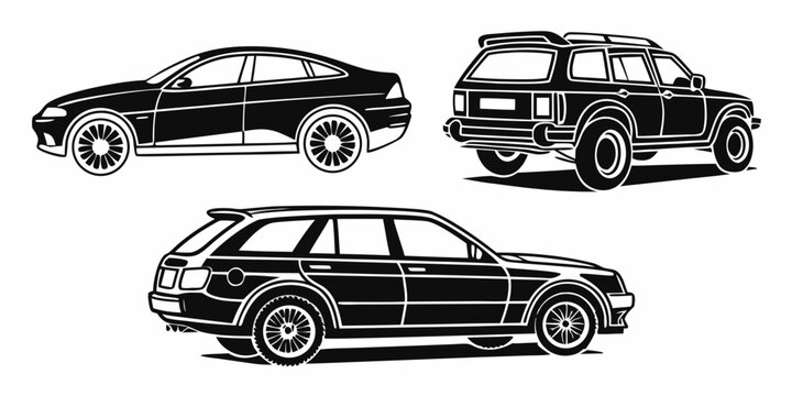 Collection of various black and white car silhouettes with automobile transportation silhouette transport illustration isolated collection automotive movement mobility passenger exterior