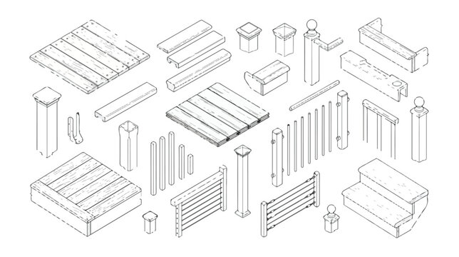 Isometric deck construction kit vector, wooden patio building elements set, architectural terrace railing and stair components, outdoor flooring parts