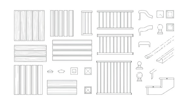 Wooden deck construction kit vector, timber patio railing and floor plank elements, outdoor terrace building components for architectural design