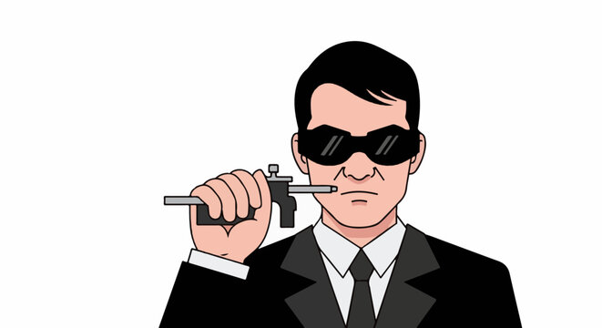 A man in a suit holds a gun near his face
