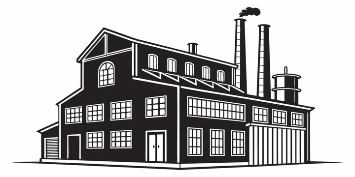 Industrial factory building silhouette with smokestacks and smoke emissions industrial building industry manufacturing smokestack architecture pollution production warehouse facility