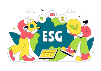 Fototapeta premium Environmental Social Governance Vector Illustration Featuring ESG Reporting, Sustainable Business Practices, Renewable Energy, and Green Investment