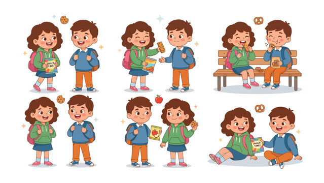 Friendship Adventures: A charming collection of illustrations depicts two young children, a boy and a girl, sharing snacks and enjoying moments together.