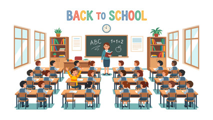 Classroom Scene: A teacher stands at the front of a brightly lit classroom, surrounded by rows of eager students at their desks, ready for a new day of learning. © Nusaybah
