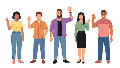 Diverse group of young people waving hands. Vector illustration, casual clothes, smiling faces, friendly gestures, standing. © Creative Studio 