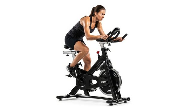 Woman exercising on a stationary spin bike, indoor cycling, healthy lifestyle, fitness, and sport concept