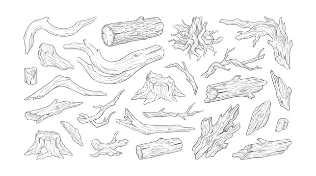 Vintage wood logs and tree branches sketch collection, hand drawn rustic timber stumps and driftwood vector set, organic forest wood elements