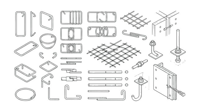 Isometric construction rebar and steel reinforcement icons, technical line art of concrete hardware and metal mesh, industrial building materials vector set