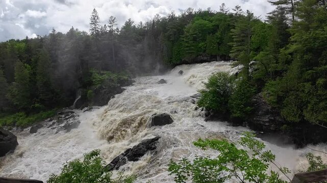 Viewpoint of powerful Chutes de Plaisance in full spring flow. Cascading white water surrounded by dense lush green forest, Quebec.