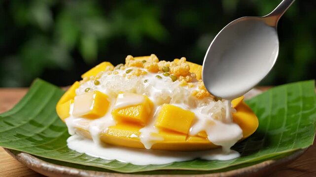 Close-up of coconut milk being poured onto a halved diced yellow mango filled with white glutinous sticky rice and topped with mung beans on a green banana leaf, outdoor setting.