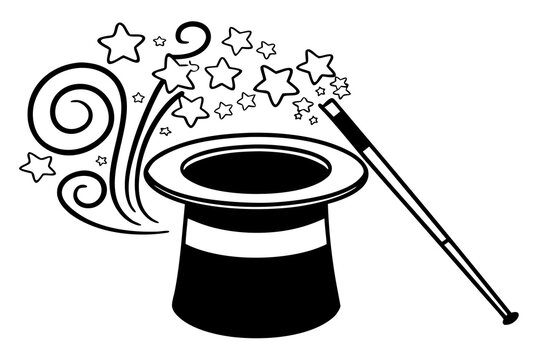 Black and white vector illustration of a magic hat with stars and wand