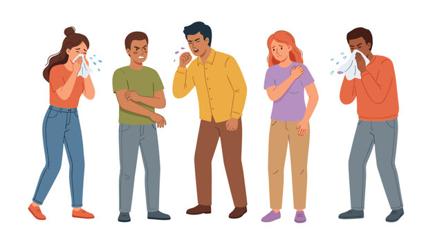 Sick people characters coughing and sneezing. Vector illustration, diverse men and women, symptoms, tissue, casual clothes.