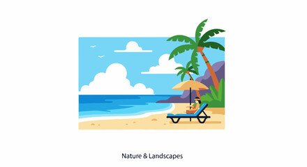Obraz premium A serene beach scene with a person on a lounge chair under a palm tree