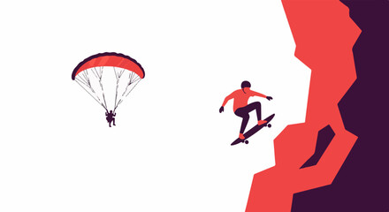 Obraz premium A skateboarder jumps off a cliff while a paraglider soars nearby