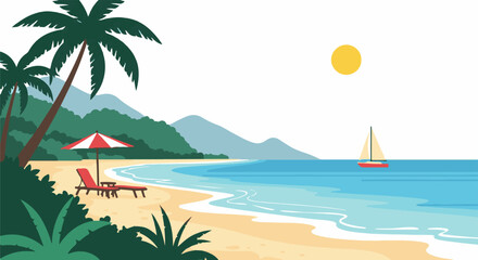 Fototapeta premium A serene beach scene with palm trees, a sailboat, and a lounge chair