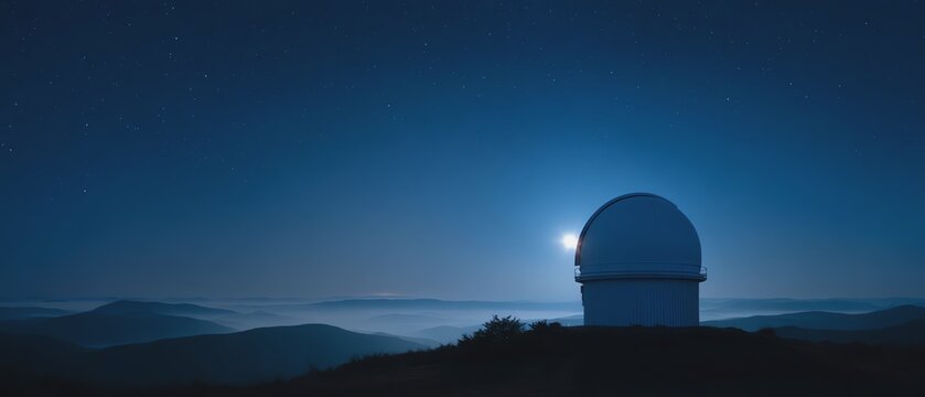 Silhouette of observatory under moonlit sky.