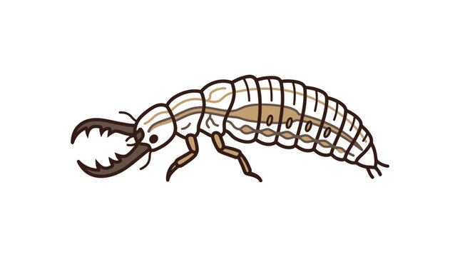 Close-up of a predatory antlion larva with large jaws on a white background