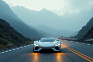 Naklejka premium Sleek silver sports car driving on a winding mountain road at dawn with scenic peaks in background.