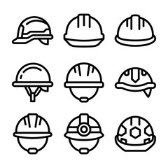 Fototapeta premium Set of industrial construction hard hat and safety helmet icon designs representing essential personal protective equipment for site workers
