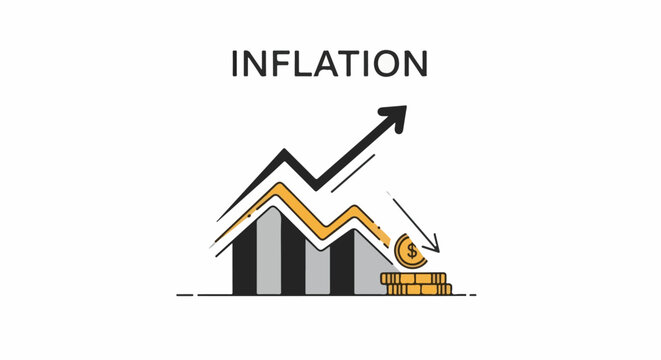 A simple graph showing inflation with rising arrow and decreasing coin