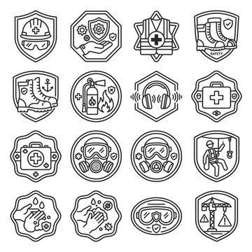 Set of Safety Industrial Protection Equipment Icons Featuring PPE Badges for Occupational Health and Construction Site Security Procedures