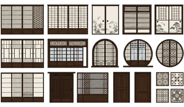 Japanese Shoji Screens and Window Frame Vector Collection