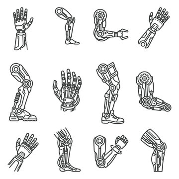 Detailed set of prosthetic limb and robotic arm icons including bionic leg and cybernetic hand designs for a mechanical prosthesis concept.