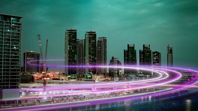 High-rise Abu Dhabi skyscrapers and cranes at dusk to night, with vibrant digital light trails symbolizing data infrastructure growth. Modern, dynamic cityscape.