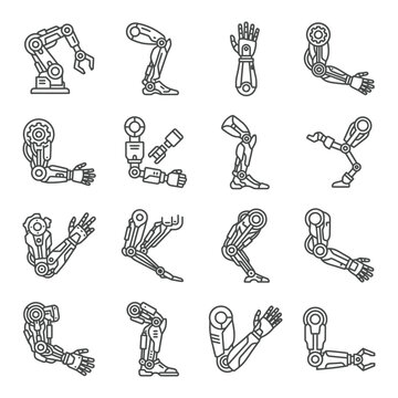 Set of robotic and mechanical limb designs including prosthetic and icon sets for bionic technology and automation