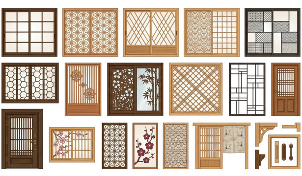 Japanese Architectural Window and Shoji Screen Vector Illustration Set