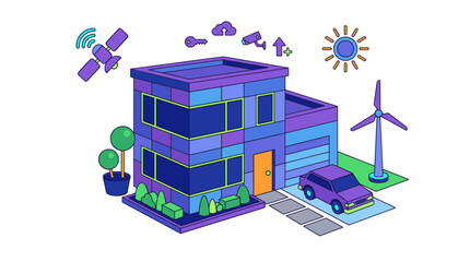 Fototapeta premium Modern Vector illustration Building with Travel Technology and Technology Transport Renewable Energy Source in City Life Style