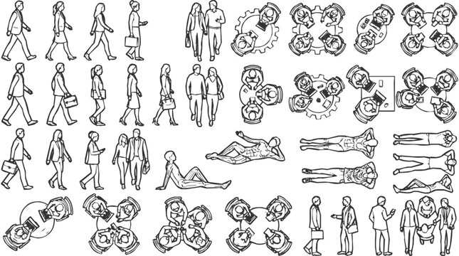 Architectural scale figures and people silhouettes in top view and walking side elevation sketches for urban planning and floor plan design layouts