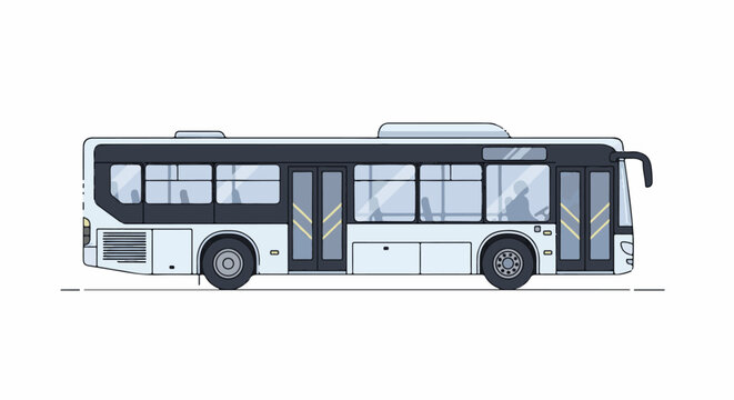 A large white and black bus with multiple windows and doors on a white background