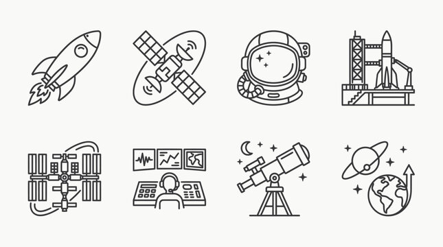 Set of space and astronomy related icons in line art style
