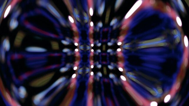 Random circles of multicolored light forming a vortex or black hole. Moving light rays and bokeh particles create a pixel art inspired cosmic atmosphere with high contrast.